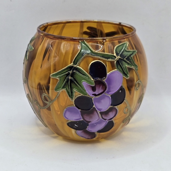 Hand Painted Yellow Orange Gold Vase GRAPES Raised 3.5 In Votive CandleHolder - Picture 5 of 16